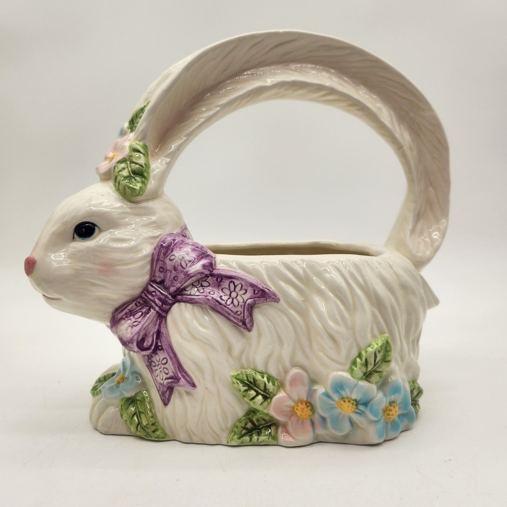 Vintage WCL Ceramic Easter Bunny Basket Planter White Purple Bow‎ Spring Flowers
